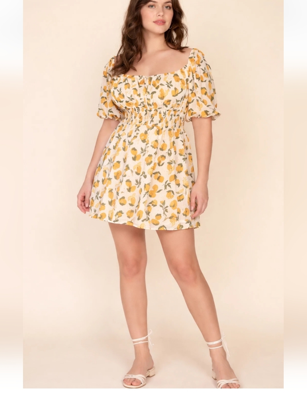 Reformation Jo Mini Dress Yellow Lemon Print Size 18 Puff Sleeve Summer Resort
